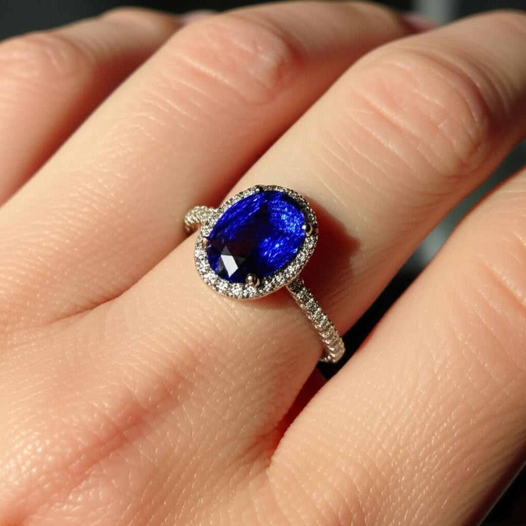 Oval Sapphire Engagement Ring With Natural Earth Mined Diamond ( Not Lab Grown ) Halo