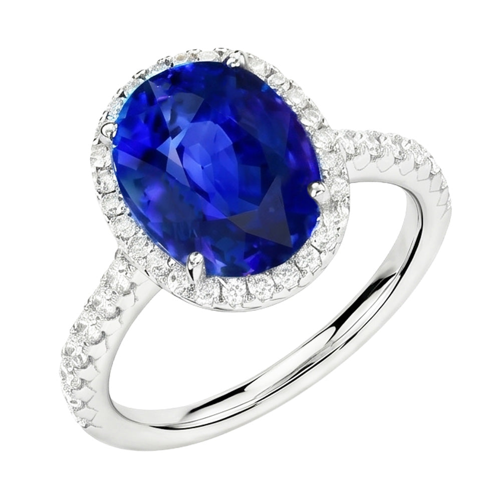 Oval Sapphire Engagement Ring With Natural Earth Mined Diamond ( Not Lab Grown ) Halo