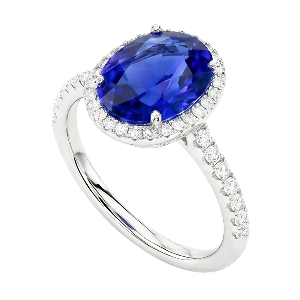 Oval Sapphire Engagement Ring With Natural Earth Mined Diamond ( Not Lab Grown ) Halo