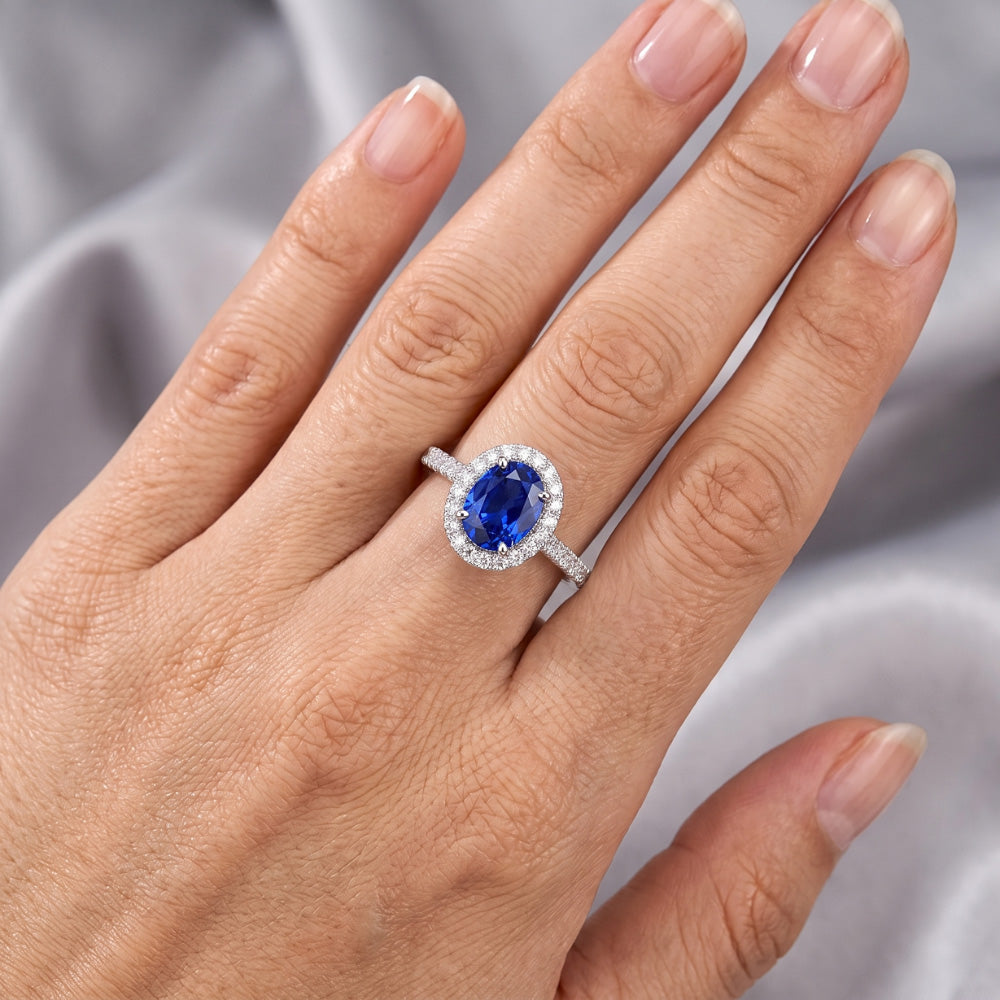 Oval Sapphire Engagement Ring With Natural Earth Mined Diamond ( Not Lab Grown ) Halo