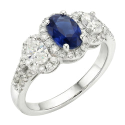 Oval Sapphire Halo Ring 3 Stone Style 3.50 Carats Split Shank Natural Earth Mined Diamond ( Not Lab Grown )s