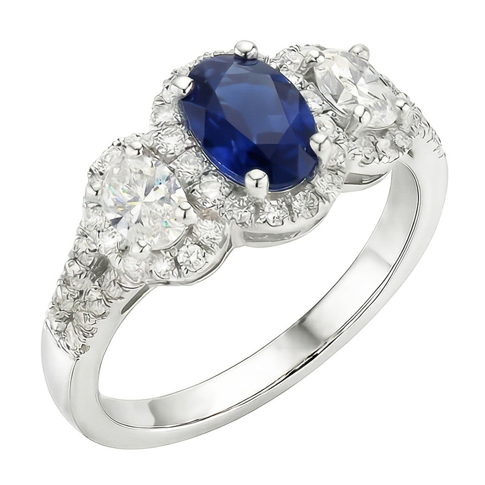 Oval Sapphire Halo Ring 3 Stone Style 3.50 Carats Split Shank Natural Earth Mined Diamond ( Not Lab Grown )s