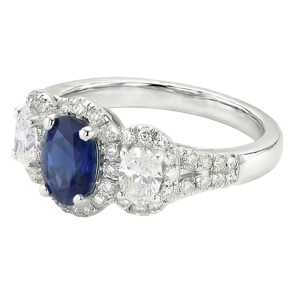 Oval Sapphire Halo Ring 3 Stone Style 3.50 Carats Split Shank Natural Earth Mined Diamond ( Not Lab Grown )s