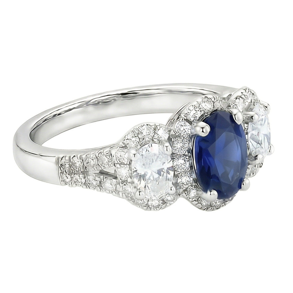 Oval Sapphire Halo Ring 3 Stone Style 3.50 Carats Split Shank Natural Earth Mined Diamond ( Not Lab Grown )s