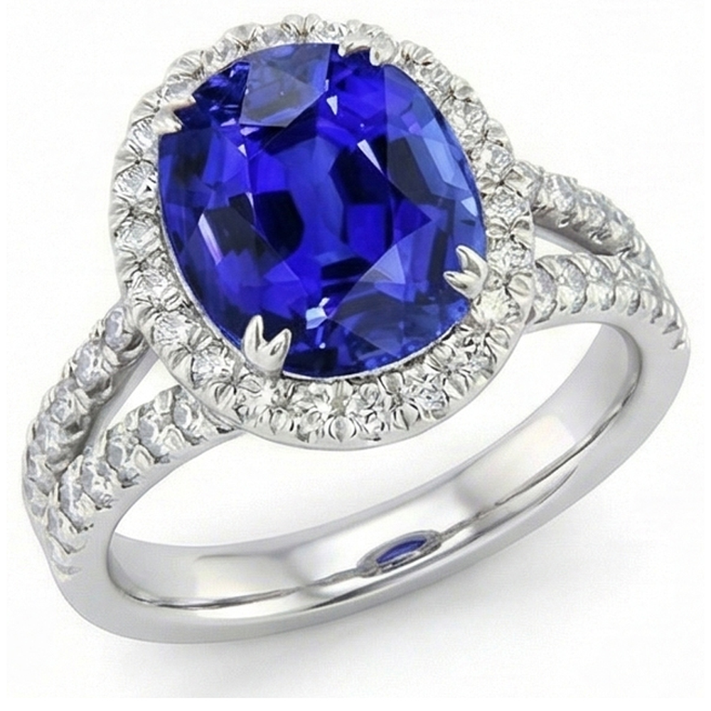 Oval Sapphire Halo Wedding Ring Set Pave Split Shank 5 Carats Gold