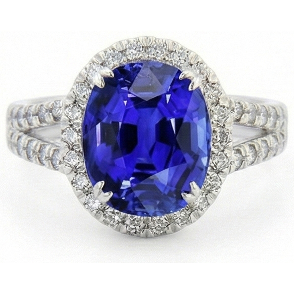 Oval Sapphire Halo Wedding Ring Set Pave Split Shank 5 Carats Gold