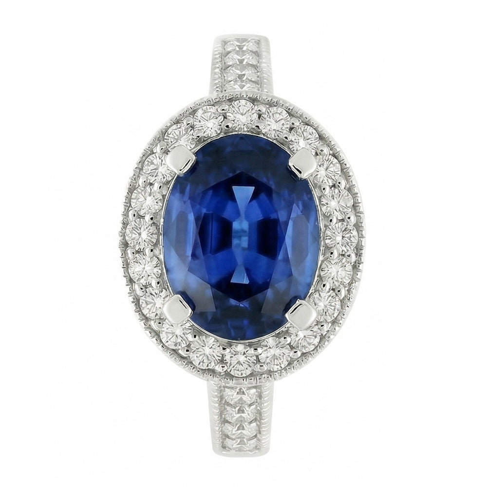 natural round sapphire 3ct ring close up detail