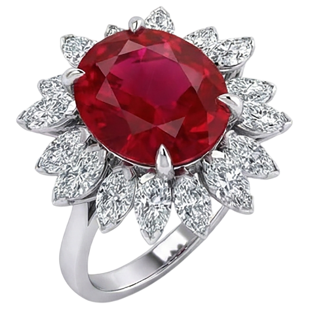 Oval Shape 13.80 Carats Ruby Natural Earth Mined Diamond ( Not Lab Grown )  White Gold 14K Ring