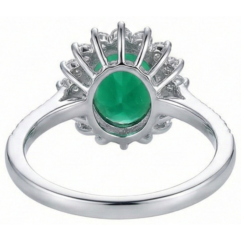 natural round emerald 5.75ct ring on white background