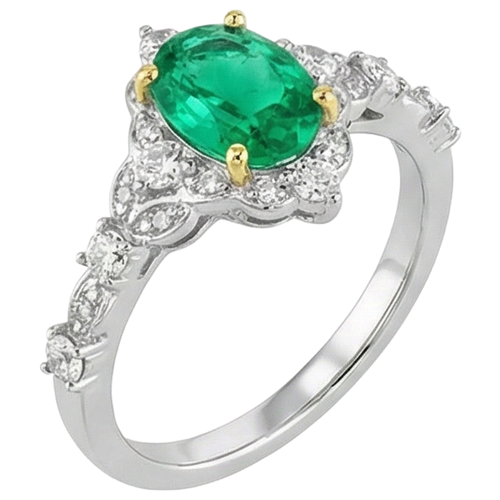 Fine Emerald Oval Gemstone Ring in 14K Two Tone Gold – side view
