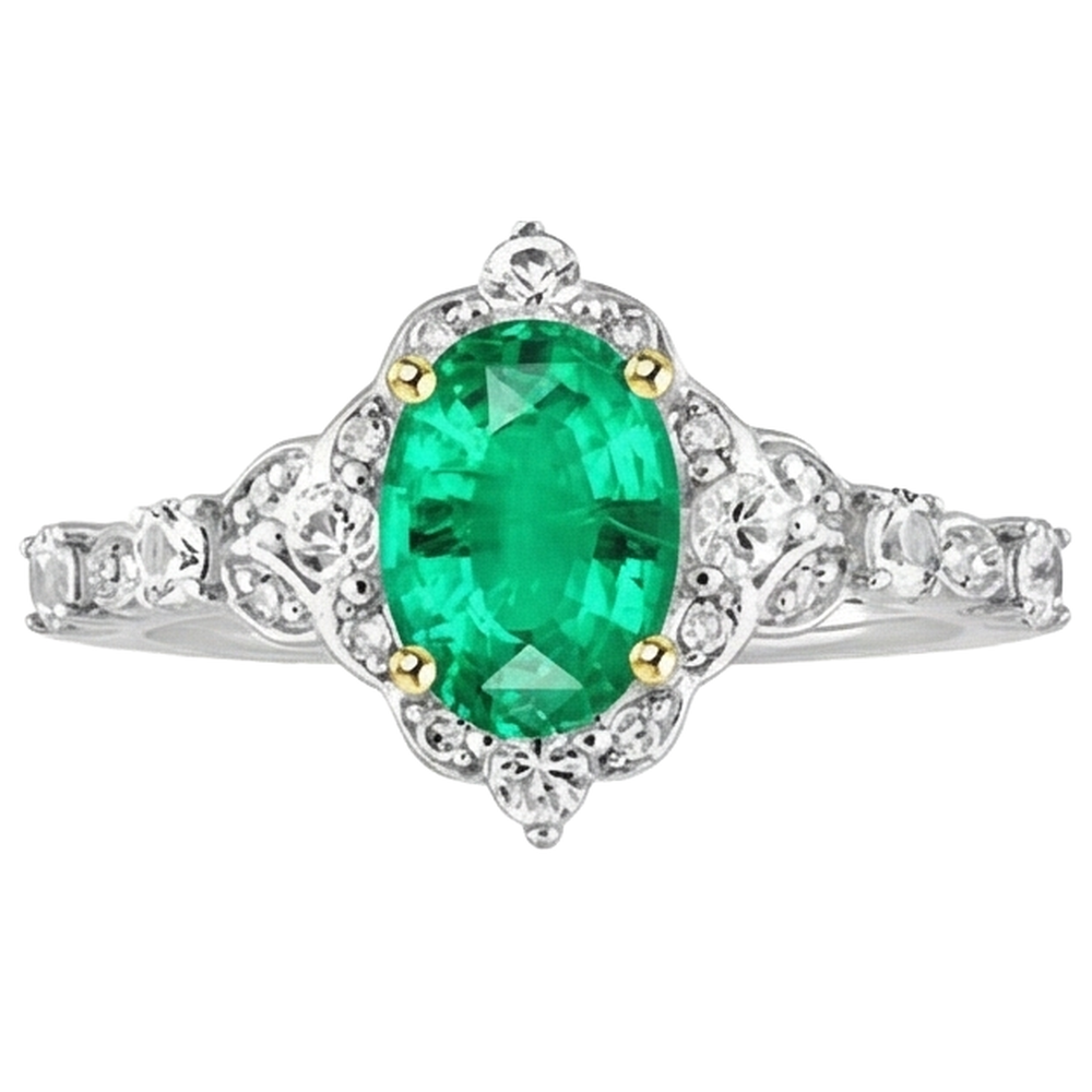 Authentic Fine Emerald Gemstone Ring 2 ct 14K Two Tone Gold – front view