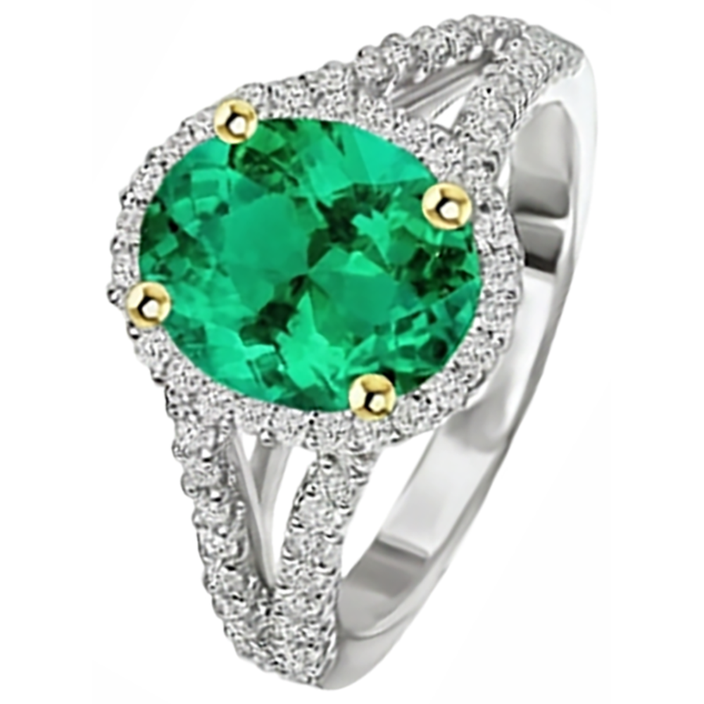 Fine Emerald Oval Precious Stone Ring in 14 Karat Two Tone Gold – side view