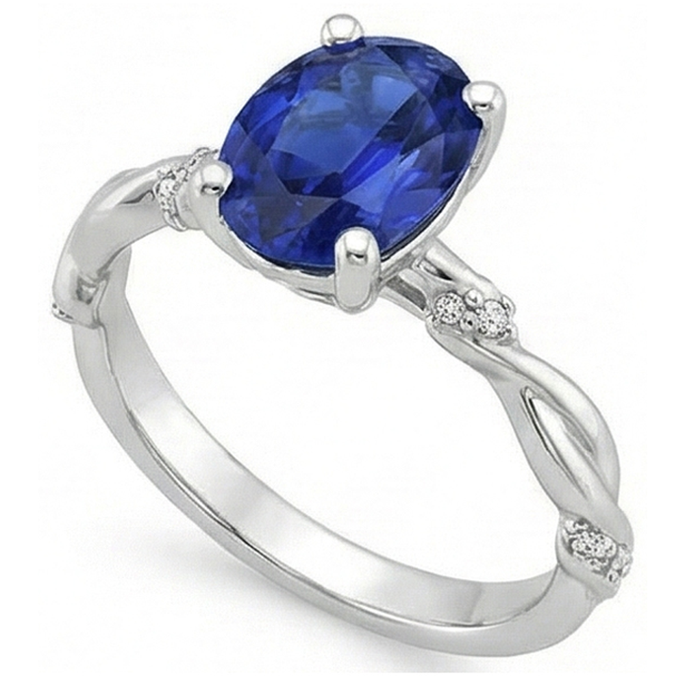 Oval Solitaire Blue Sapphire With Accents Ring Twist Style 3.50 Carats