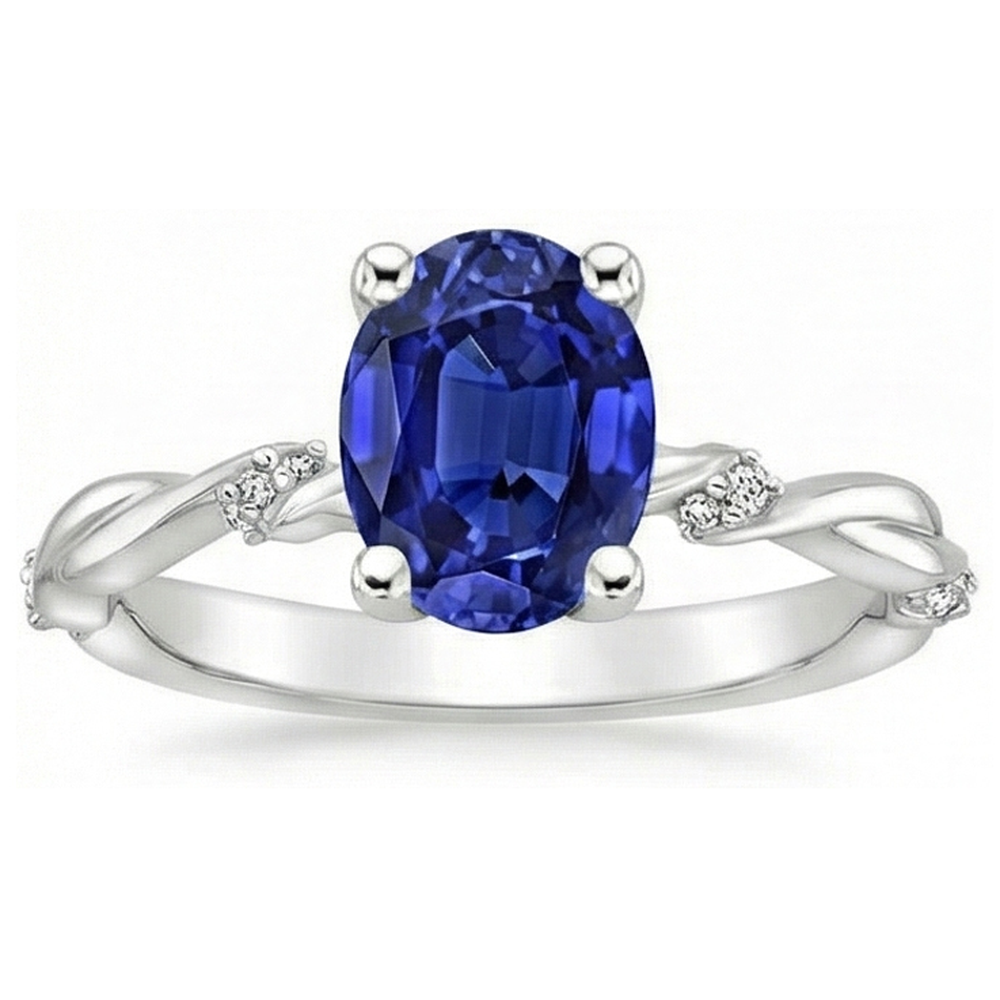 Oval Solitaire Blue Sapphire With Accents Ring Twist Style 3.50 Carats