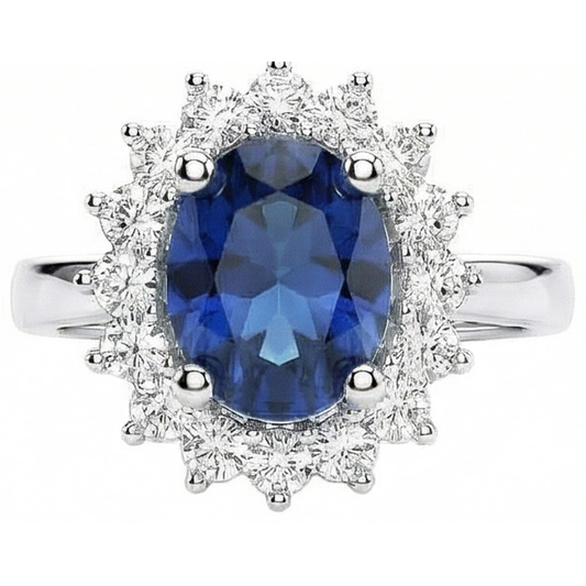 Oval Sri Lanka Sapphire & Natural Earth Mined Diamond ( Not Lab Grown ) Ring White Gold Jewelry