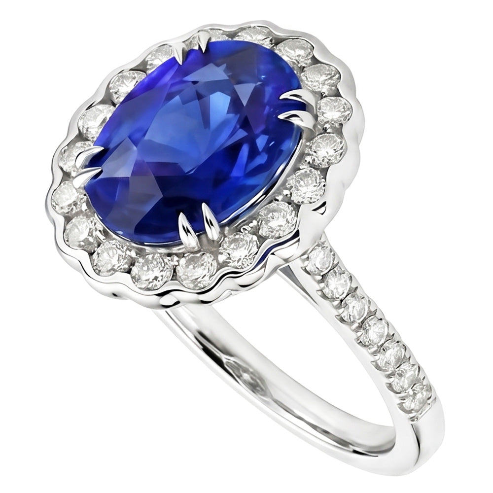 Oval Sri Lankan Sapphire Natural Earth Mined Diamond ( Not Lab Grown ) s 4.30 Ct Ring White Gold 14K