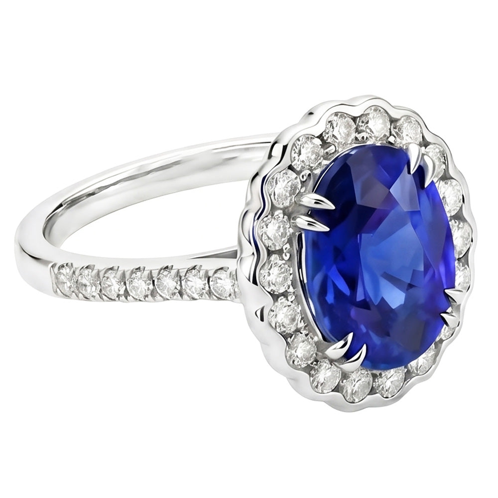 Oval Sri Lankan Sapphire Natural Earth Mined Diamond ( Not Lab Grown ) s 4.30 Ct Ring White Gold 14K