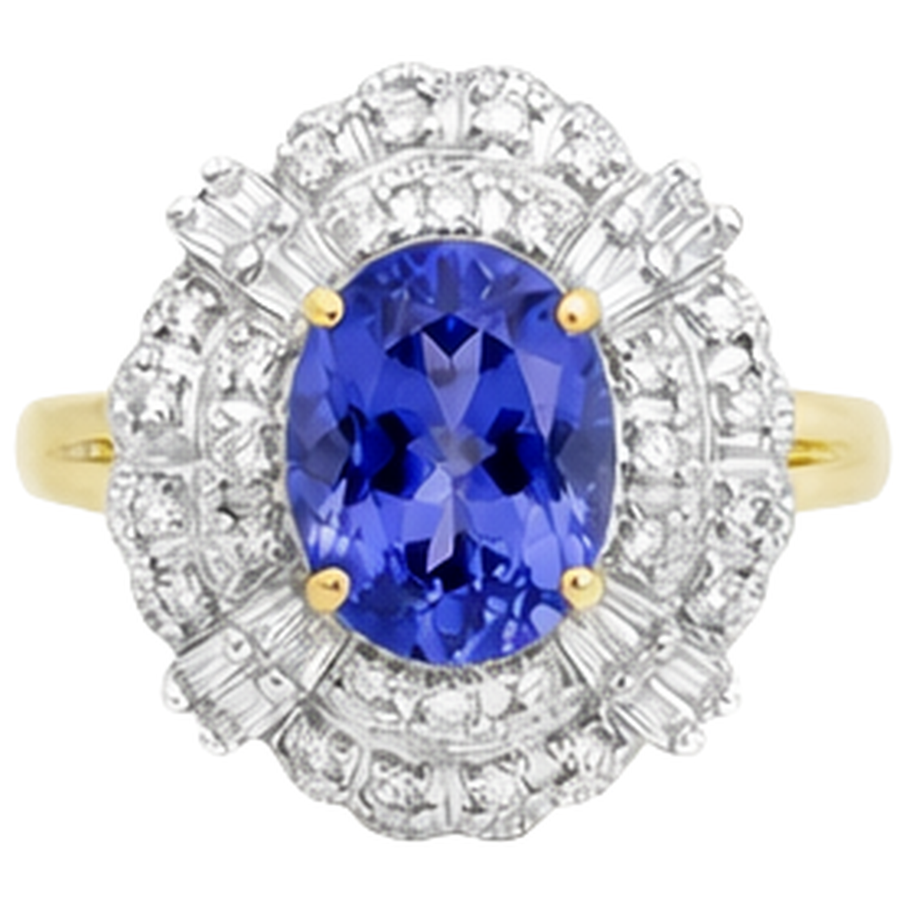 Oval Tanzanite And Baguette Natural Earth Mined Diamond ( Not Lab Grown ) s Gold Ring 8 Carats New