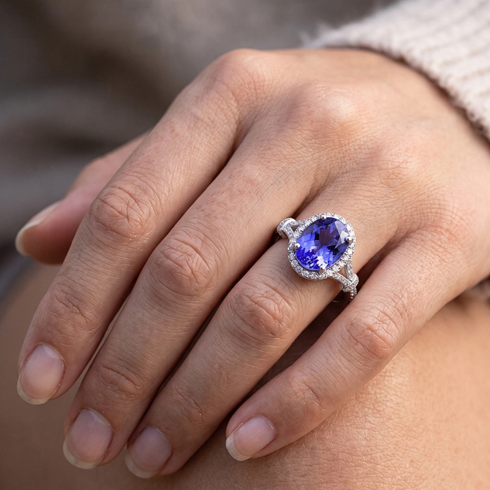 Oval Tanzanite And Round Natural Earth Mined Diamond ( Not Lab Grown )s 3.60 Ct. Wedding Ring White Gold