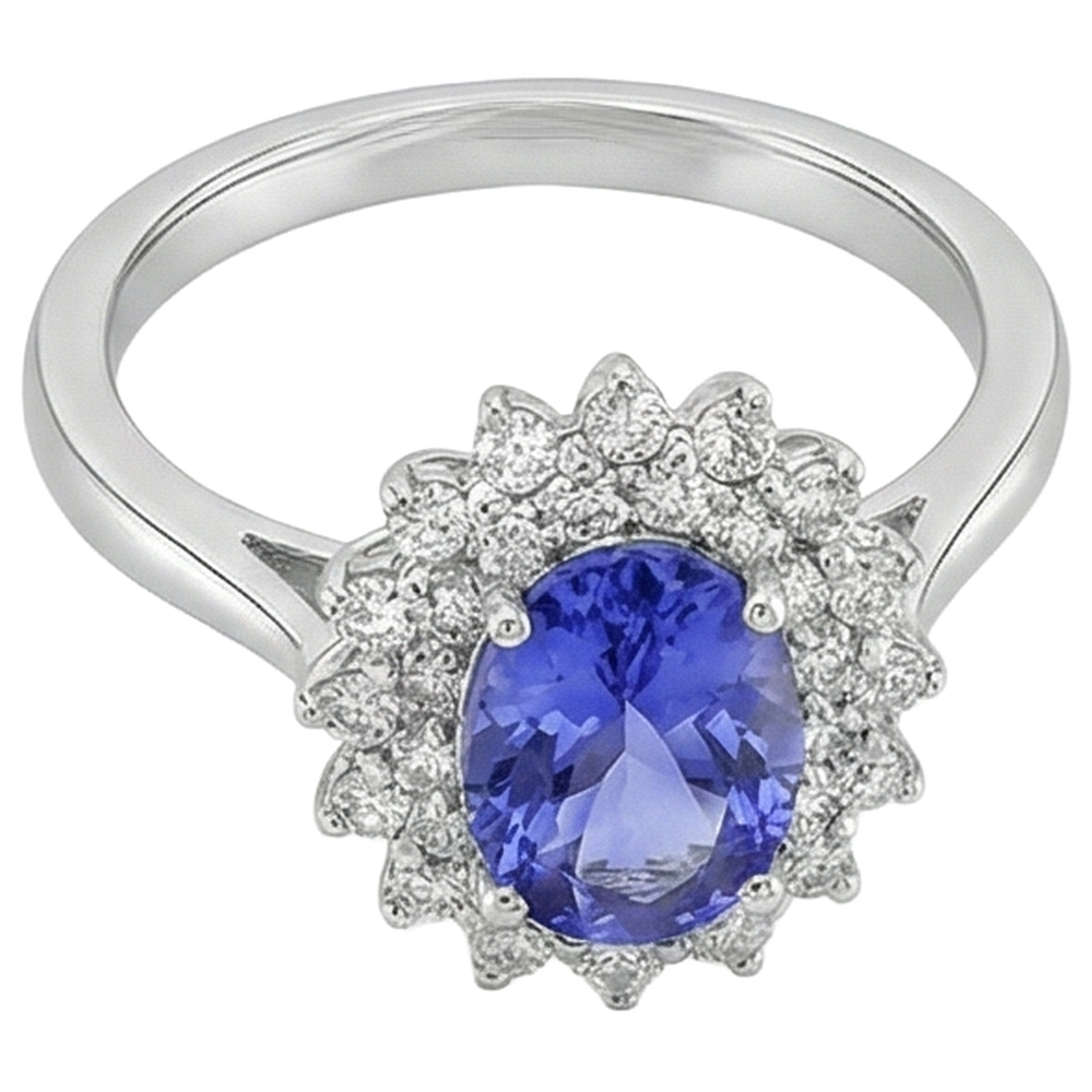 Oval Tanzanite And Round Natural Earth Mined Diamond ( Not Lab Grown )s 11.25 Carats Ring White Gold 14K