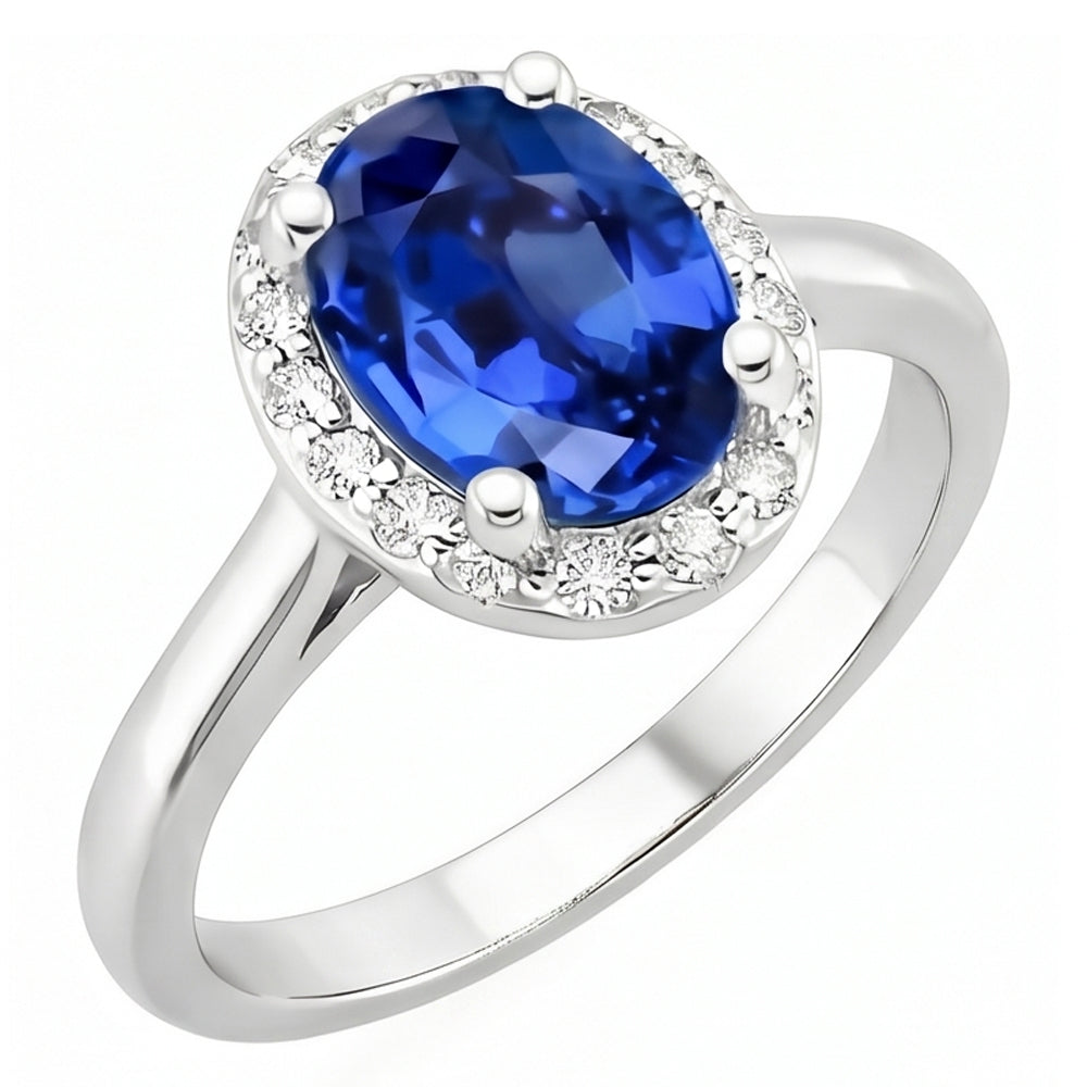 Oval & Round Cut Ceylon Sapphire With Natural Earth Mined Diamond ( Not Lab Grown )  Ring 2.80 Carats WG 14K