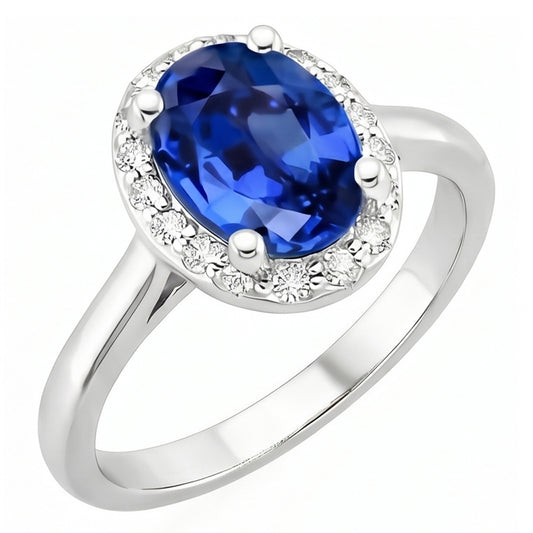 Oval & Round Cut Ceylon Sapphire With Natural Earth Mined Diamond ( Not Lab Grown )  Ring 2.80 Carats WG 14K
