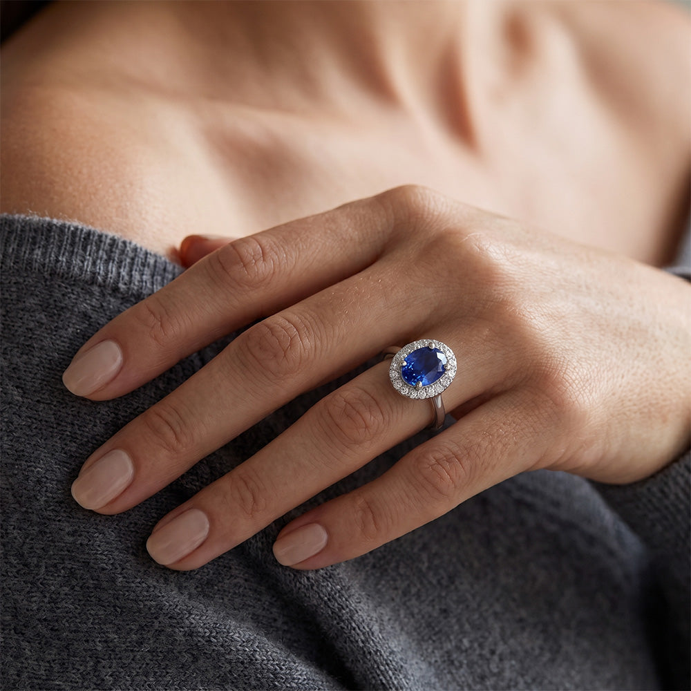 Oval & Round Cut Ceylon Sapphire With Natural Earth Mined Diamond ( Not Lab Grown )  Ring 2.80 Carats WG 14K