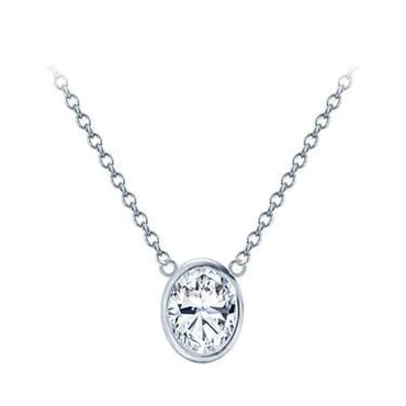 Oval 1 Carat Bezel Set Real Diamond Pendant Necklace With Chain WG 14K