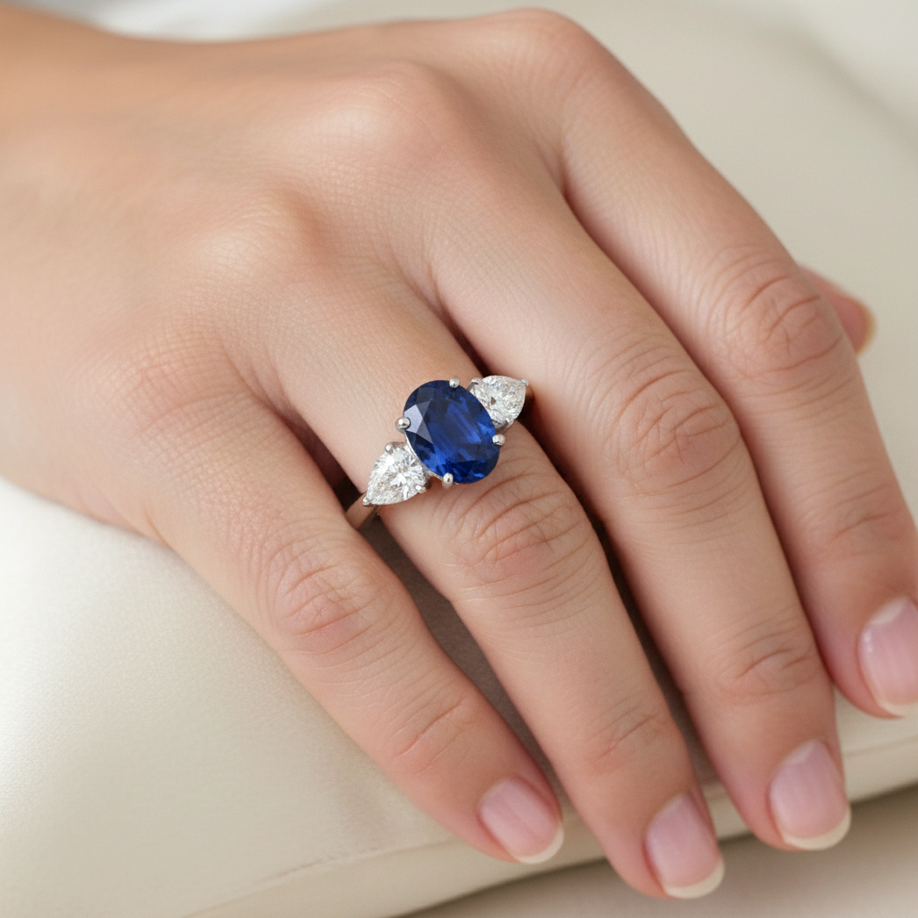 Oval And Pear Cut 3.50 Ct Sapphire And Natural Earth Mined Diamond ( Not Lab Grown )s Ring White Gold 14K
