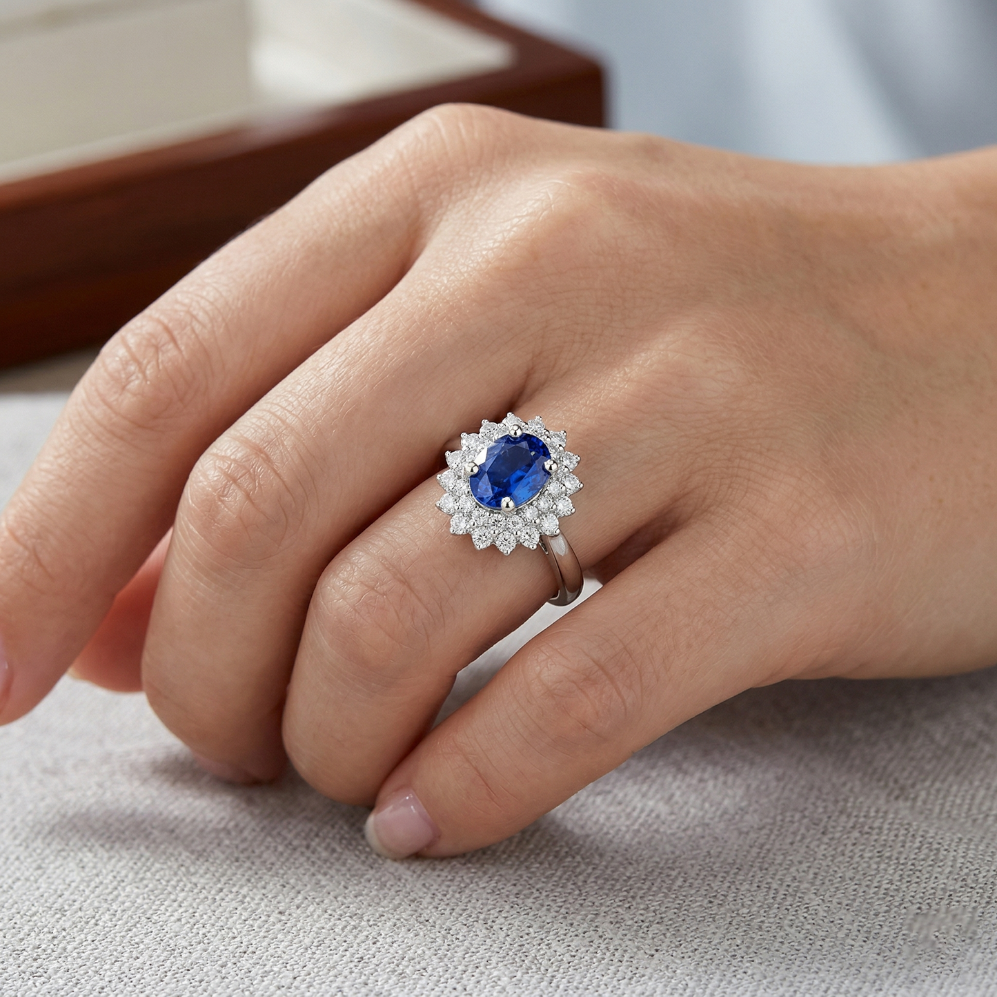Oval And Round Cut 4 Ct Sri Lanka Sapphire Natural Earth Mined Diamond ( Not Lab Grown ) s Halo Ring