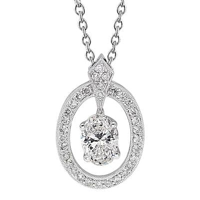 Oval And Round Genuine Diamond Necklace Pendant 1.80 Carats 14K White Gold