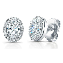 Oval And Round Halo Genuine Diamond Stud Earrings 3.90 Carats White Gold 14K