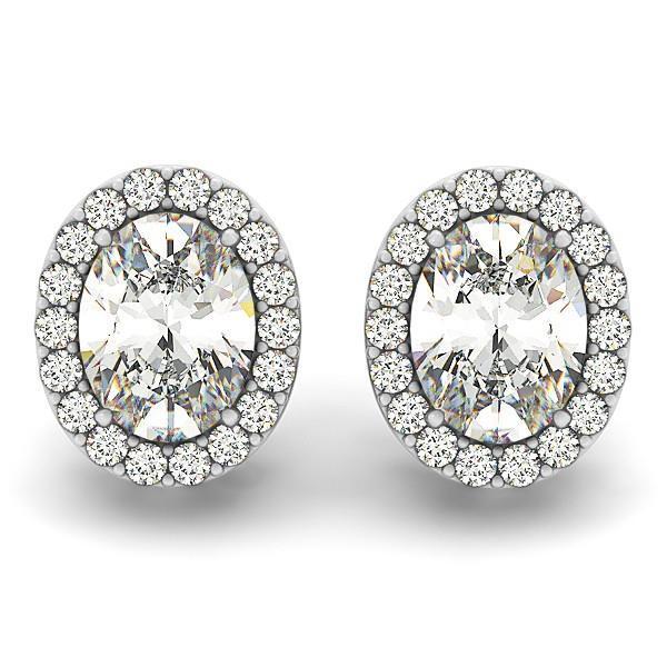 Oval And Round Halo Real Diamond Stud Earring 2.90 Carat White Gold 14K