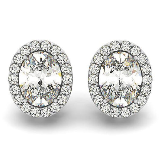 Oval And Round Halo Real Diamond Stud Earring 2.90 Carat White Gold 14K