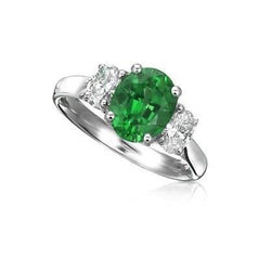 Oval Cut 6.50 Carats Green Emerald And Diamonds 3 Stone Ring White Gold 14K