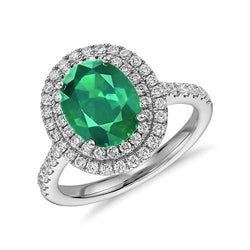 Oval Cut Green Emerald Halo Round Diamond Gemstone Ring 4.35 Carat WG 14K