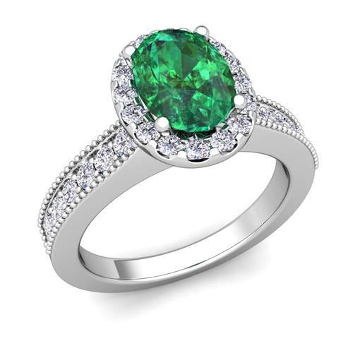 Oval Cut Green Emerald With Round Diamonds 4.75 Carats Ring 14K White Gold