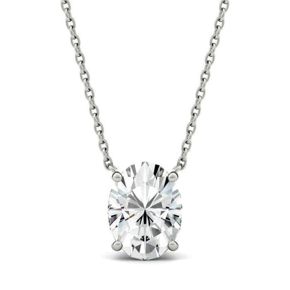 Oval Cut Solitaire Natural Diamond Necklace 2 Carats White Gold 4 Prong Set