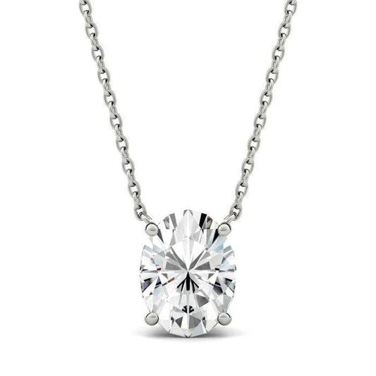 Oval Cut Solitaire Natural Diamond Necklace 2 Carats White Gold 4 Prong Set