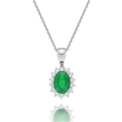 Oval Green Emerald And Round Natural Earth Mined Diamond Pendant 8.75 Carats White Gold 14K