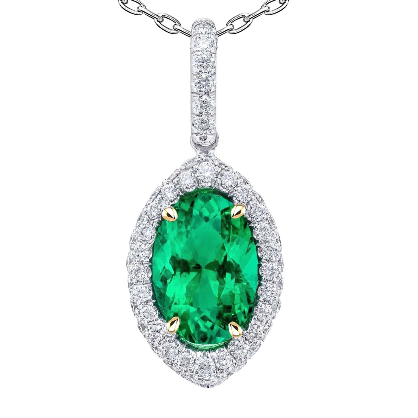 Fine Emerald Oval Stone Pendant Necklace in 14 Karat Two Tone Gold – main view