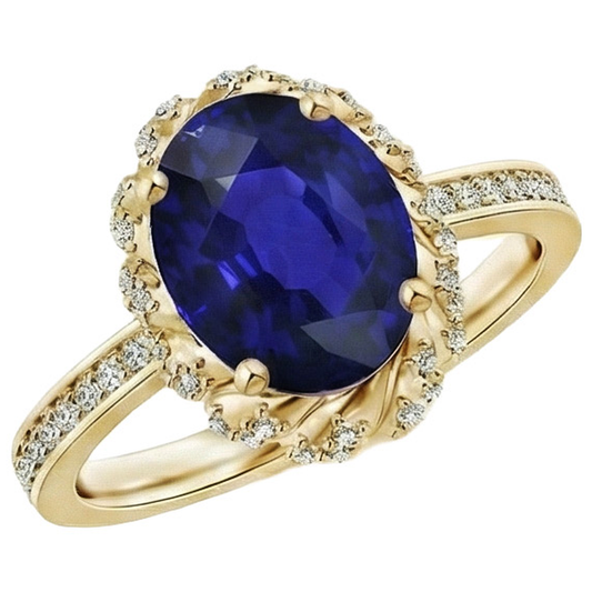 Oval Halo Gemstone Ring Blue Sapphire Pave Natural Earth Mined Diamond ( Not Lab Grown ) Yellow Gold 7 Carat
