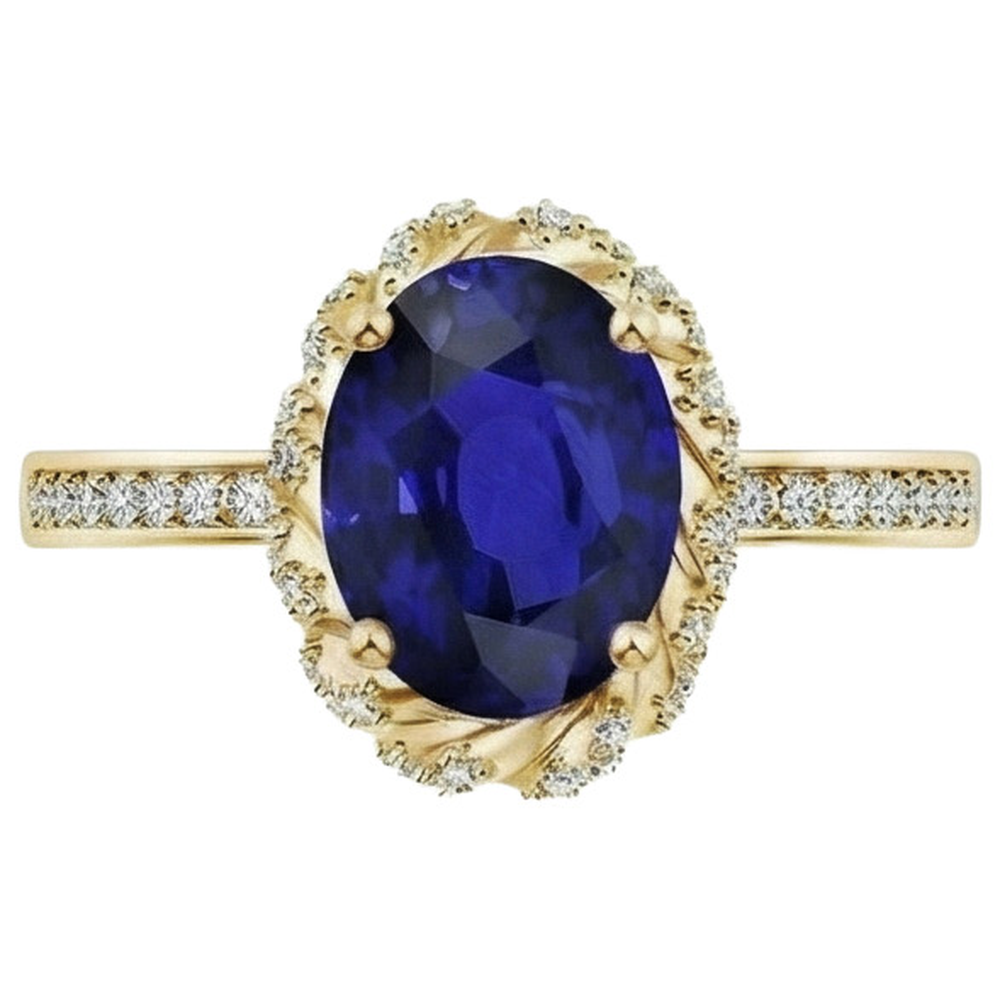 Oval Halo Gemstone Ring Blue Sapphire Pave Natural Earth Mined Diamond ( Not Lab Grown ) Yellow Gold 7 Carat