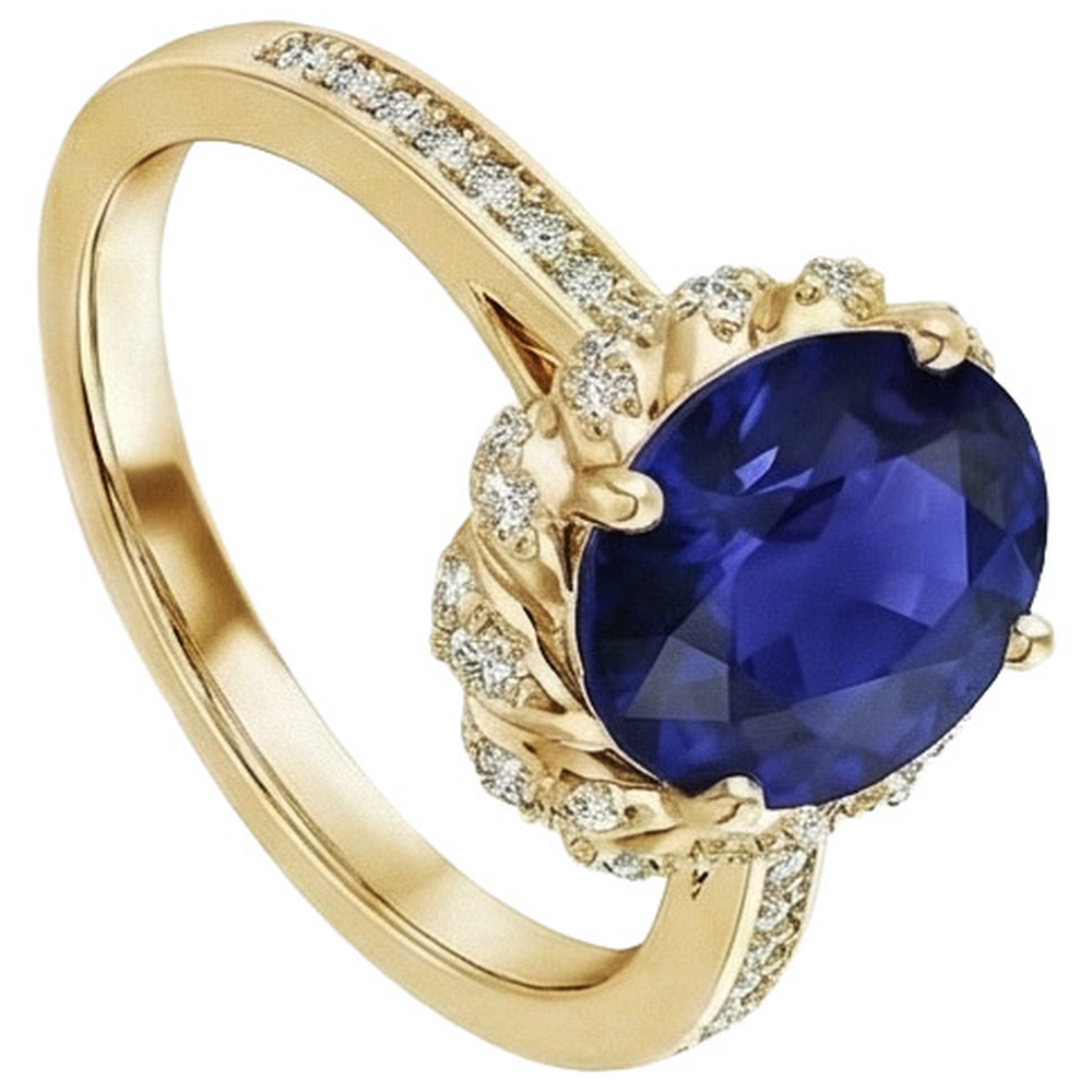 Oval Halo Gemstone Ring Blue Sapphire Pave Natural Earth Mined Diamond ( Not Lab Grown ) Yellow Gold 7 Carat