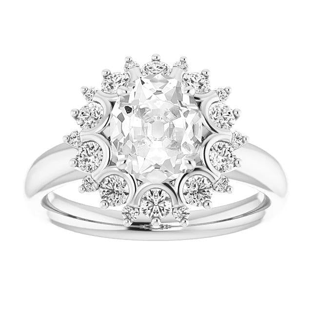 Oval Old Cut Genuine Diamond Halo Ring Floral Style 14K White Gold 6.50 Carats