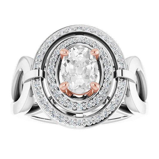 Oval Old Cut Natural Diamond Double Halo Ring Prong Set 4.50 Carats Two Tone