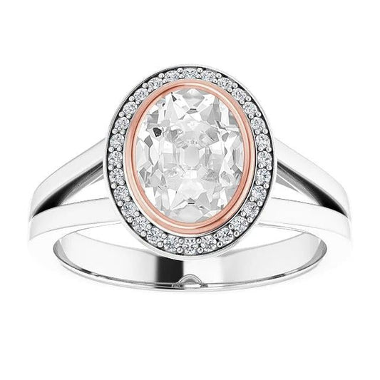 Oval Old Cut Real Diamond Halo Ring Bezel Prong Set Split Shank 5 Carats - Halo Ring-harrychadent.ca