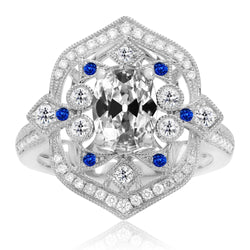 Oval Old Cut Real Natural Earth Mined Diamond & Blue Sapphire Halo Ring Vintage Style 7 Carats