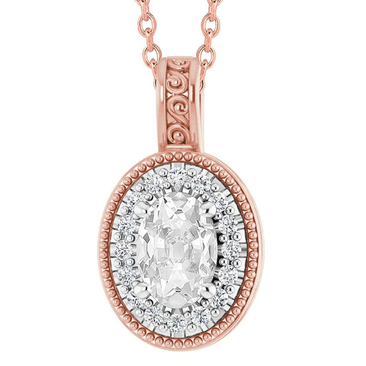 Oval Old Mine Cut Halo Natural Diamond Pendant 4.50 Carats Two Tone Gold 14K