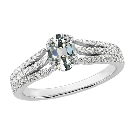 Oval Old Mine Cut Real Diamond Ring Split Shank 5.50 Carats Pave Set Gold